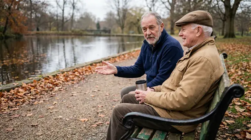 Two men in their late sixties talking on a green park bench beside a pond on an autumn morning
