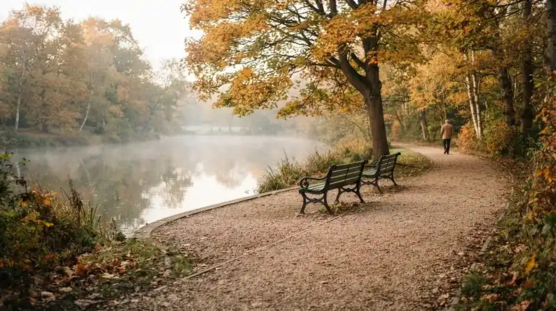 A gravel path curving around a park pond with two green benches under a maple tree in the early morning