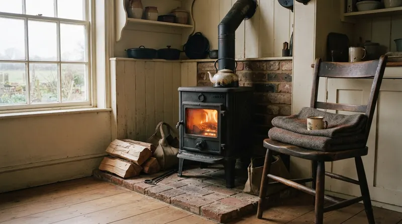 A small cast-iron wood stove with a steady fire and a stack of split logs on the hearth in a farmhouse kitchen