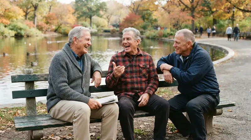Three men in their late sixties and seventies laughing and talking together on a green park bench by a pond