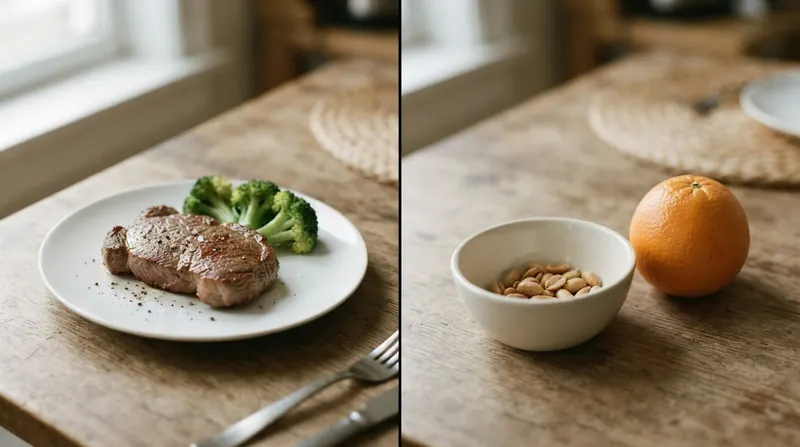 A split image with a small piece of seared beef and broccoli on the left and roasted peanuts beside an orange on the right