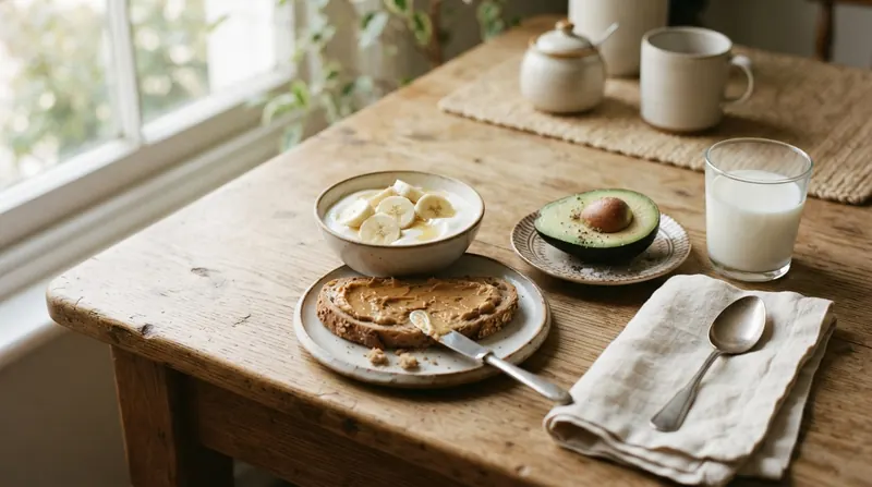 A breakfast of yogurt with banana, peanut butter toast, half an avocado and a glass of milk on a sunny table