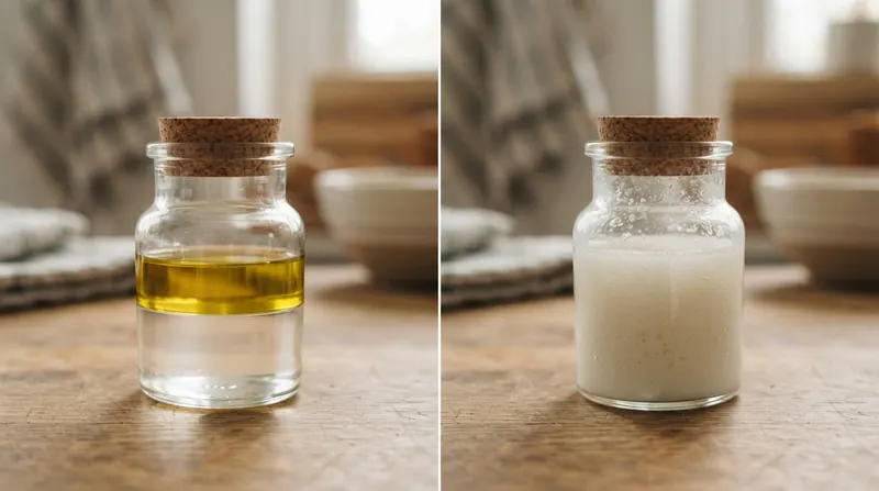 A split image of a glass jar with oil separated on top of water on the left and the same jar shaken into a cloudy mixture on the right