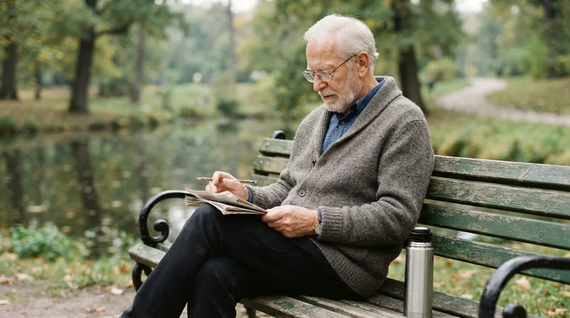 A man of about seventy reading printed pages with a pencil on a green park bench beside a pond