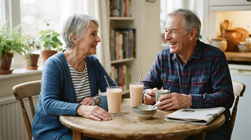 A married couple in their late sixties talking and laughing over smoothies and coffee at a small kitchen table in the morning