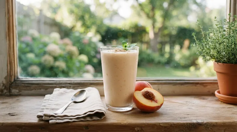 A glass of peach smoothie on a sunny windowsill beside a halved peach and a teaspoon