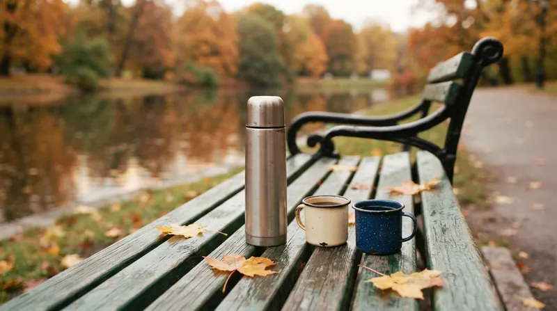 A steel thermos and two enamel cups of coffee on the slats of a green park bench with fallen maple leaves