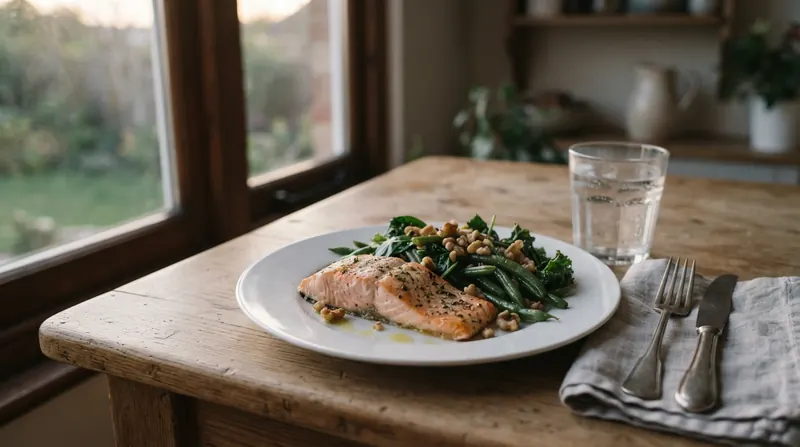 A supper plate of baked salmon, green beans, leafy greens, walnuts and a drizzle of olive oil beside a glass of water