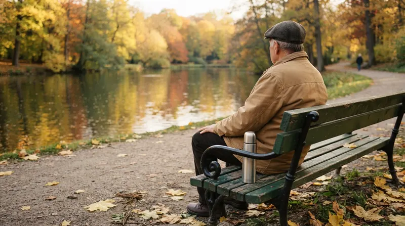 An older man in a flat cap sitting alone on a green park bench looking out over a pond in autumn light