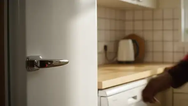 A man's hand opening a refrigerator door in the early morning, the door shelves holding milk and small jars