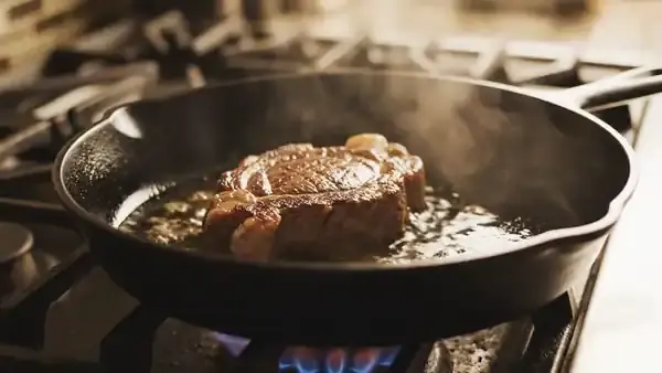 A small piece of beef sizzling in a cast-iron skillet as a spatula turns it over once