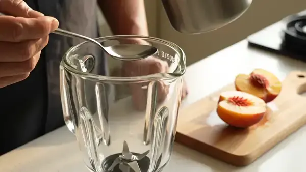 A teaspoon being filled with a pale peach-orange liquid over a blender jar, with a halved peach beside it