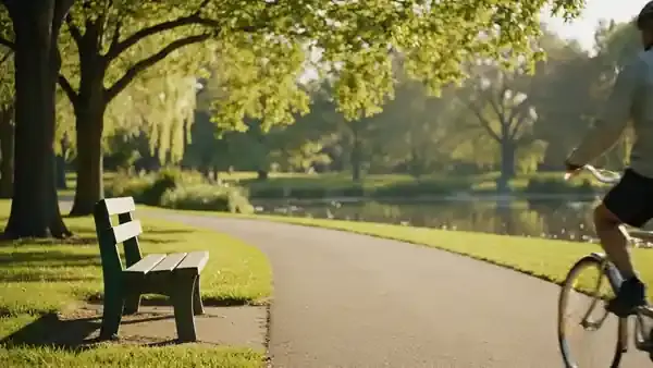 A man in his mid-sixties riding a bicycle at an easy pace along a park path past a green bench