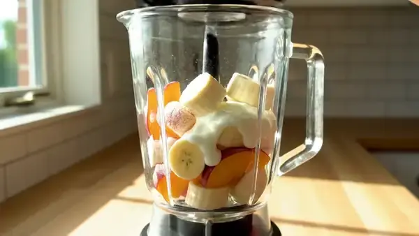 A blender turning banana, frozen peach slices and yogurt into a pale peach smoothie on a kitchen counter