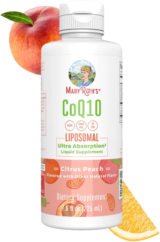 The white bottle of MaryRuth's CoQ10 Liposomal in Citrus Peach flavor, 7.6 fluid ounces, as photographed by the seller